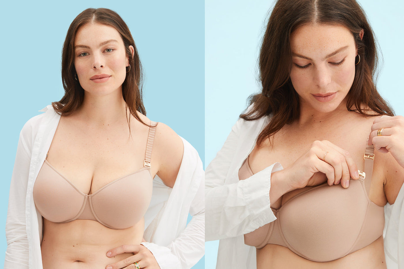 Woman wearing a comfortable nursing bra designed for easy breastfeeding access