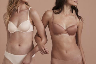 Women modeling ThirdLove's 24/7 Classic T-Shirt Bras in Soft Pink and Mocha