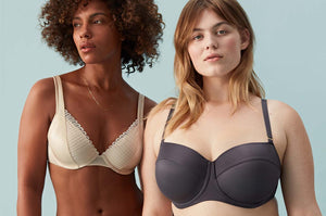 Women modeling ThirdLove's Matte and Shine plunge bra and balconette bra