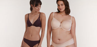 Two models wearing classic contour plunge and perfect coverage bra soft pink pinot ThirdLove