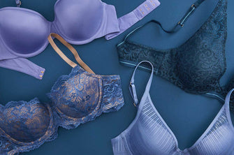 ThirdLove's t-shirt bra, lace balconette bra, everyday lace uplift bra, and artisan lace plunge bra in ocean views blue color story