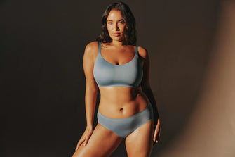Woman wearing a supportive Thirdlove wireless bra, demonstrating comfortable lift and everyday support without an underwire.