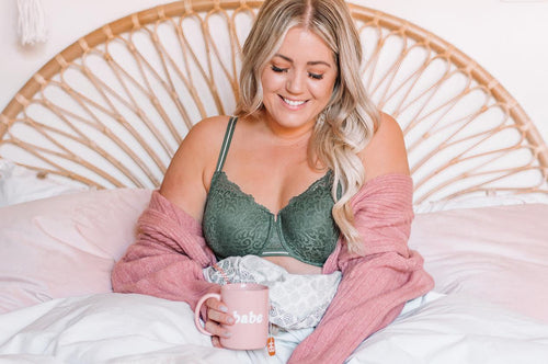 Style and travel blogger, Katie Stuart, modeling ThirdLove's Artisan Lace Balconette Bra in Fern