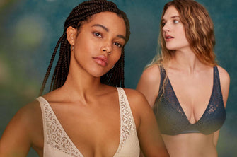 Women modeling ThirdLove's Artisan Lace Plunge bras and underwear in white and teal in blog post about self-care.