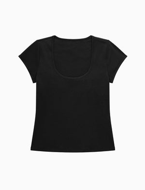 Busty woman with huge breast in smal white shirt with deep neckline on  black background Stock Illustration